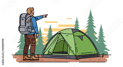 Adventurer Exploring Wilderness with Tent in Evergreen Forest Illustration
