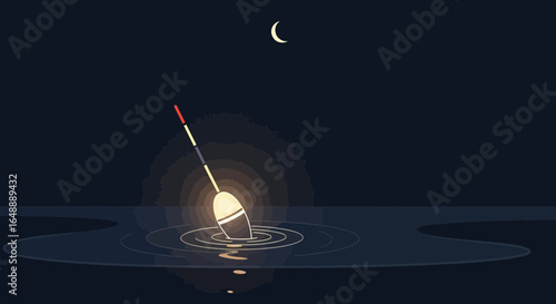 A Tranquil Night Scene With A Fishing Float Under Crescent Moon