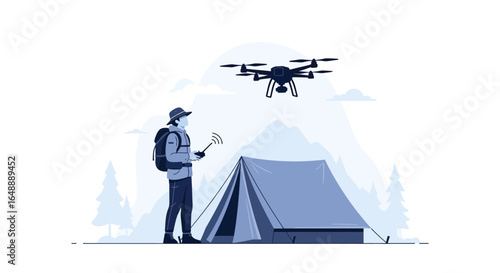 Adventurer Flying Drone At Campsite In Minimalist Aesthetic Vector Illustration