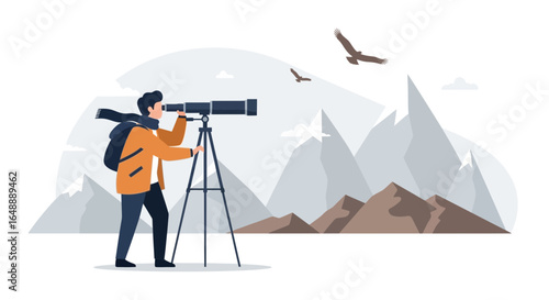 Adventurer Gazing Landscape With Telescope Amidst Majestic Mountain Views