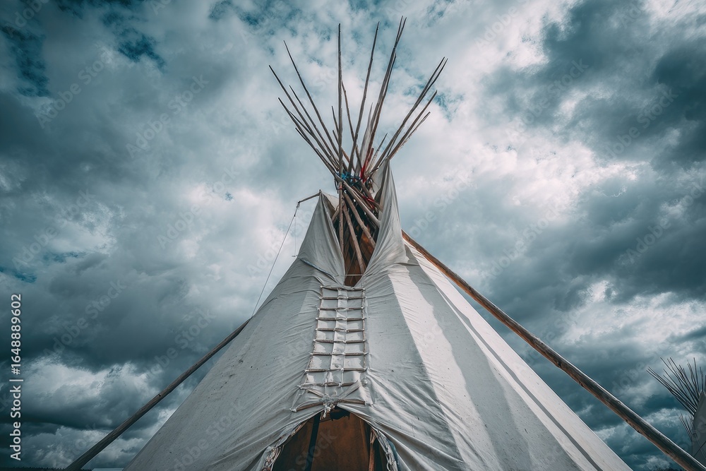 Obraz premium A teepee's apex, under dramatic skies