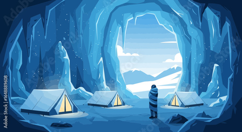 Adventurer In Ice Cave Exploring Glacial Camping With Mountains Panorama