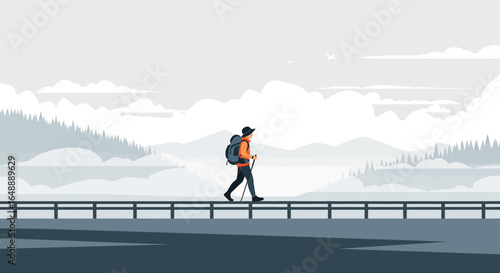 Adventurer Man Walking Across A Road Towards A Landscape In Monochrome