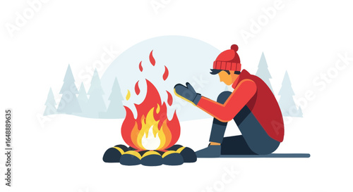 A warming campfire scene in the winter forest with a man seeking comfort  and light in cold snowy landscape