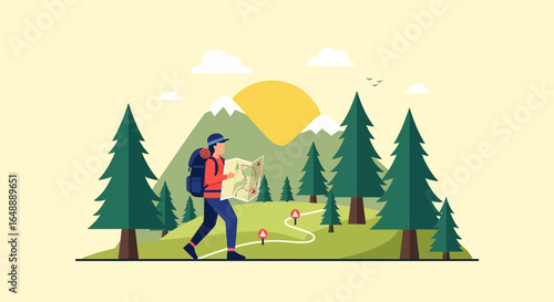 Adventurer Navigating Mountain Trail With Map Backpack And Forest Background