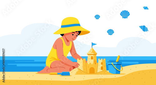 A whimsical illustration of a child building a sandcastle on a sunny beach vacation enjoying summer time