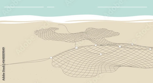 Abandoned Fishnet On The Sandy Beach A Minimalist And Serene Coastal Scene