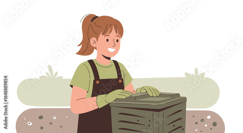 A young woman composting in the garden showing responsible environmentally friendly behavior and waste management practices in her backyard