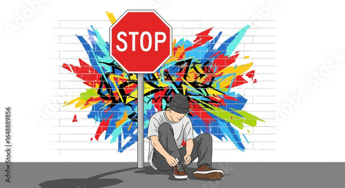 A Youngster Binds His Shoelaces Near a Stop Sign Against Graffiti Background
