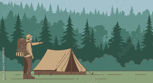 Adventurer Planning Route Near Tent Amidst Forest Tranquility and Wilderness