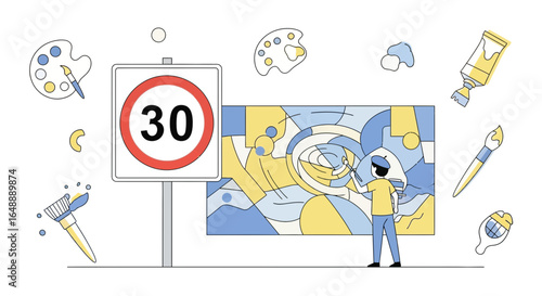 Abstract Artwork Creation Next To A Road Speed Limit Sign Illustration
