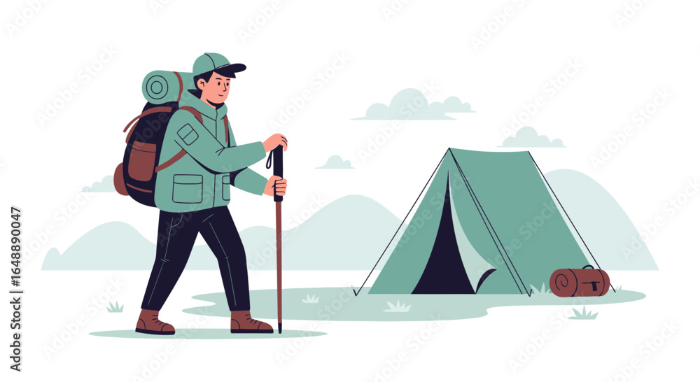 Fototapeta premium Adventurer Reaching Campground With Tent Under Scenic Mountain Scenery