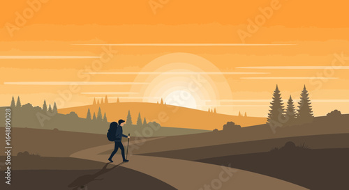 Adventurer Pursuing Serenity At Sunset In A Nature Landscape Vector Design