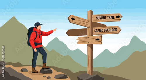 Adventurer Reaching Crossroads Deciding Between Summit Trail And Scenic Overlook
