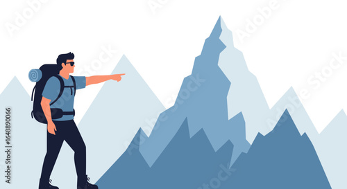Adventurer Reaching Destination In The Mountain And Pointing Toward His Goal