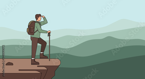 Adventurer Reaching Mountain Peak With Scenic View And Nature Landscape