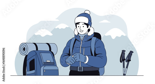 Adventurer Ready For Winter Mountain Hike With Backpack And Trekking Poles