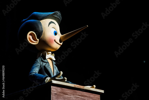Pinocchio at the political podium, the concept of lies and populism, copyspace