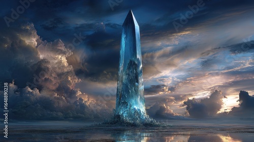 Crystal spire sunset fantasy landscape; digital art, concept art