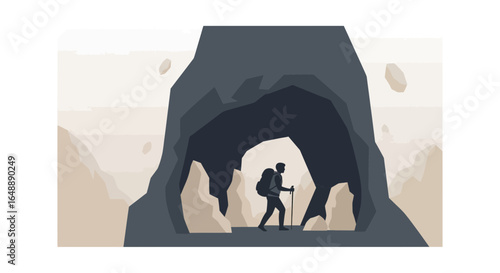 Adventurer Silhouette Explores a Geological Formation With a Neutral Color Scheme