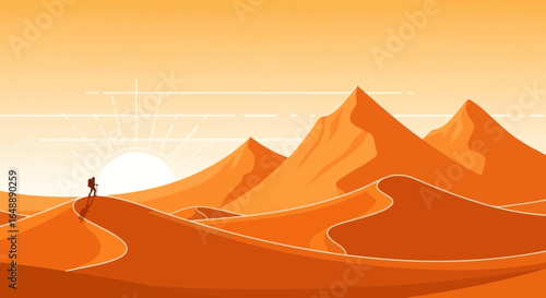Adventurer Silhouette In Desert Sands With Rising Sun Minimalistic Landscape