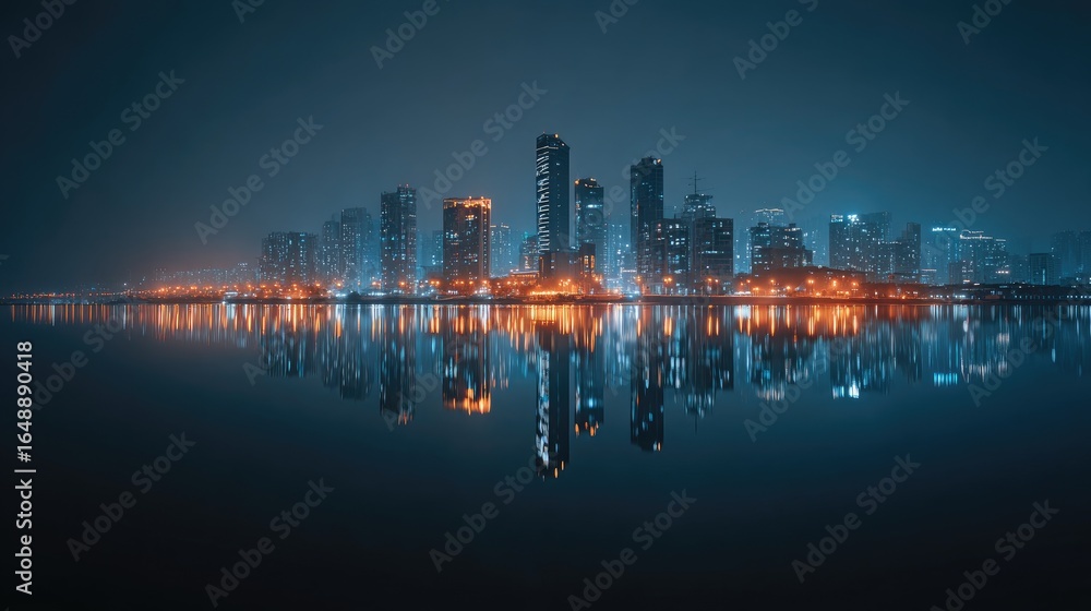 Fototapeta premium Night city skyline reflected in calm water