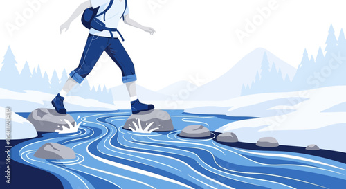 Adventurer Stepping Stones Across River During Winter Trip In Natural Wilderness