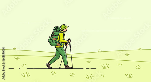 Adventurer Trekking Across Wide Open Plain On Sunny Day Illustration