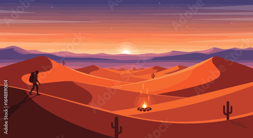 Adventurer Walking Through Desert Landscape Under A Fiery Sky At Sunset