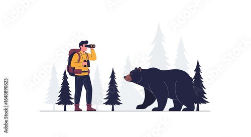 Adventurer Watches Bear In Wilderness With Binoculars Exploring Nature