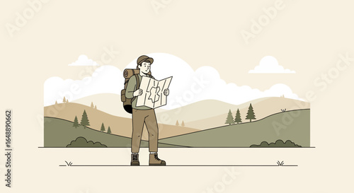 Adventurer With Backpack Exploring The Mountain Using A Topographic Map