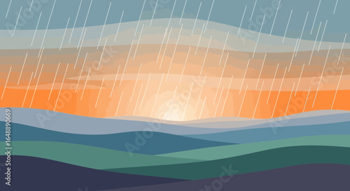 Abstract Rainy Sunset Over Rolling Hills Landscape Painting Vector Art
