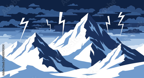 Abstract Snowy Peaks Illuminated By Lightning On A Dramatic Cloudy Day