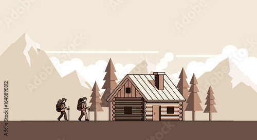 Adventurers Explore Tranquil Landscape By Log Cabin Amidst Majestic Mountains