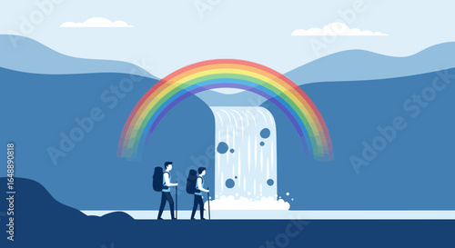 Adventurers Explore Majestic Waterfall With Colorful Rainbow In Serene Nature
