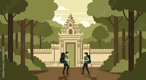 Adventurers Explore Ancient Temple Gateway in Tropical Forest Landscape