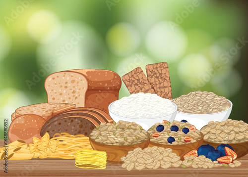 Assorted Whole Grain Foods on Wooden Table