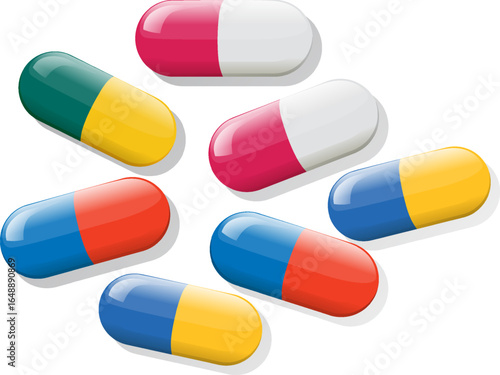 Colorful Vitamin Capsules Arranged on White Background