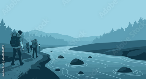 Adventurers Hiking Beside River Landscape In Wilderness Scenery Nature Background