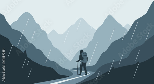 Adventurer's Journey Through Mountainous Terrain In Rainy Weather Depicts Serenity