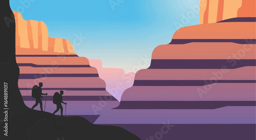 Adventurers Trekking Through Majestic Canyon Layers At Sunset Scenery