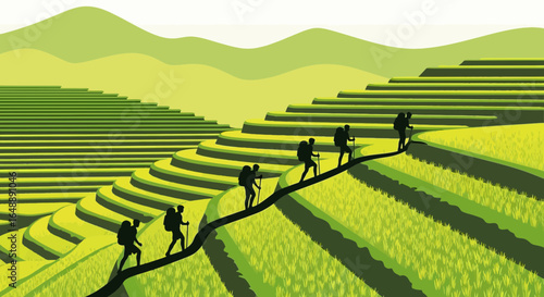 Adventurers Trekking Through Rice Terraces In Rural Landscape Illustration