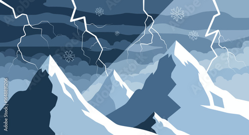 Abstract Winter Mountain Range Scene With Lightning Bolts And Snowflakes