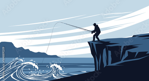 Adventures Cliffside Fishing Depicts Coastal Angler Silhouetted Against Sweeping Ocean View