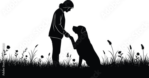 Silhouette of woman and dog holding paws, standing in grass field, friendship, loyalty, pet love, outdoor nature, animal companionship illustration
