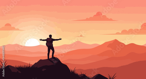 Achieving Goals Silhouette Person On Peak At Sunset Mountain Landscape