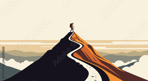 Achieving Summit Goal Hiker Standing Atop Mountain Peak With Scenic Views