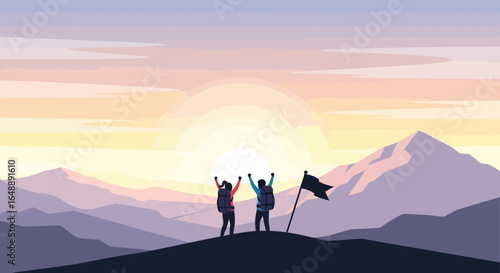 Achieving Success: Mountain Climbers Reaching Summit Under Sunrise Skyline