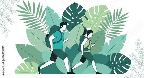 Active Couple Hiking Through Tropical Greenery Adventure Outdoors On Vacation