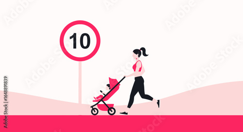 Active Lifestyle Illustration Of Mother Running And Pushing A Baby Stroller